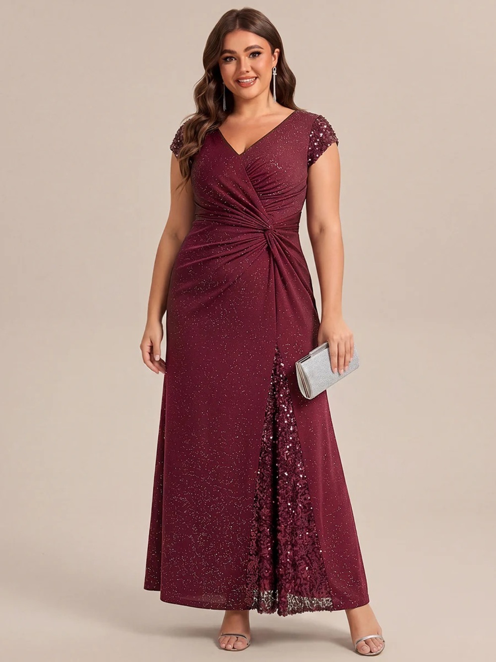 🆕 Plus Size Knotted Knit Cap Sleeve Maxi Glitter Evening Dress